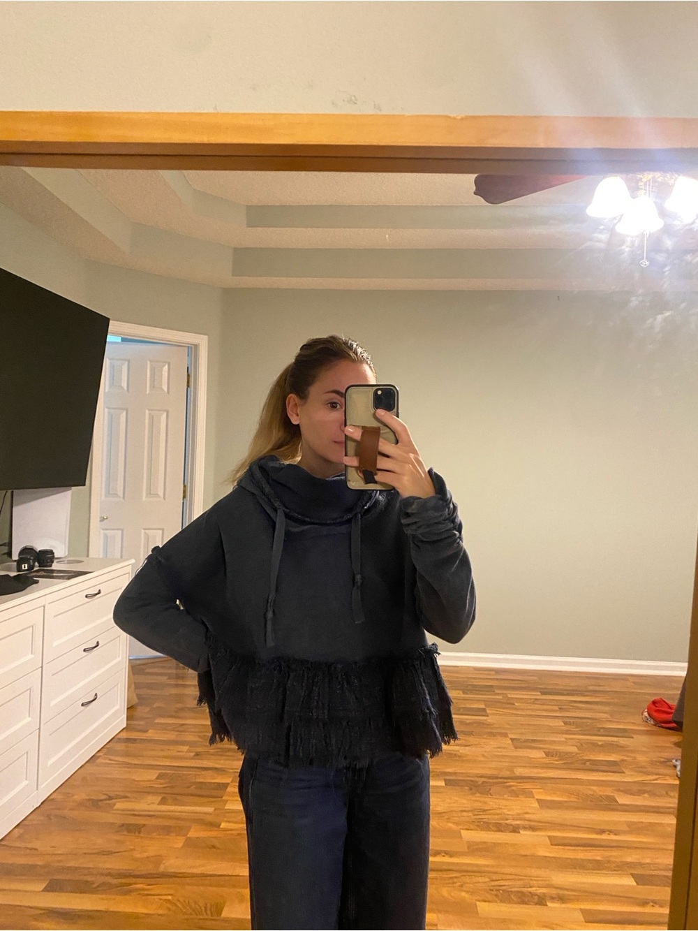 Free People Dark Gray Fringe Turtleneck Sweater